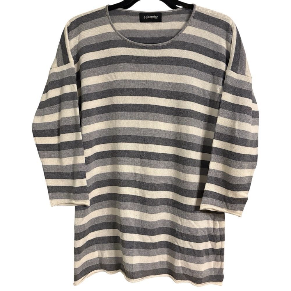 Eskandar Gray and Cream Striped Rolled Hem Sweater O/S